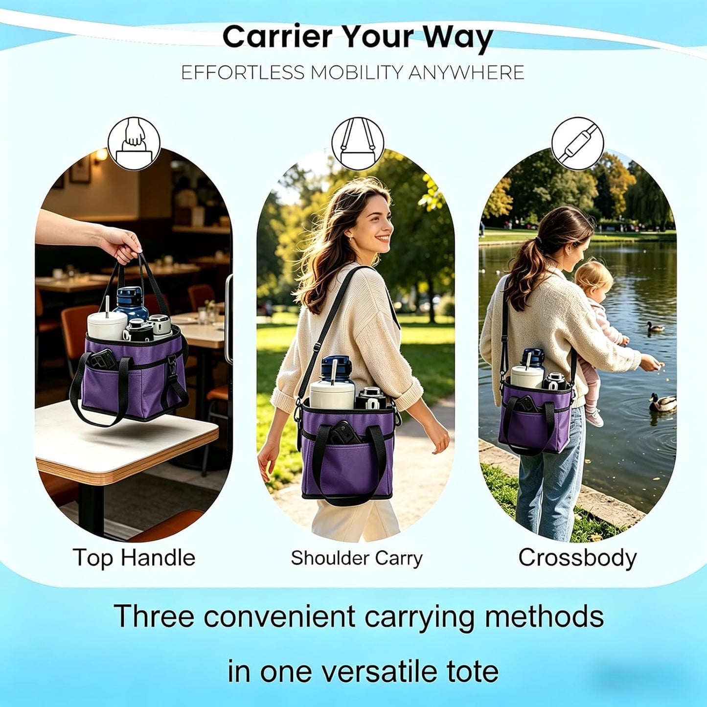 Drink Carrier Bag, 4 Compartment Drink Bag, Insulated 4 Cup Holder Bag with Handle &Strap, Family Multi Tumbler, Water Bottle Carrier Caddy, Reusable Beverage Carrier Tote for Travel,Picni