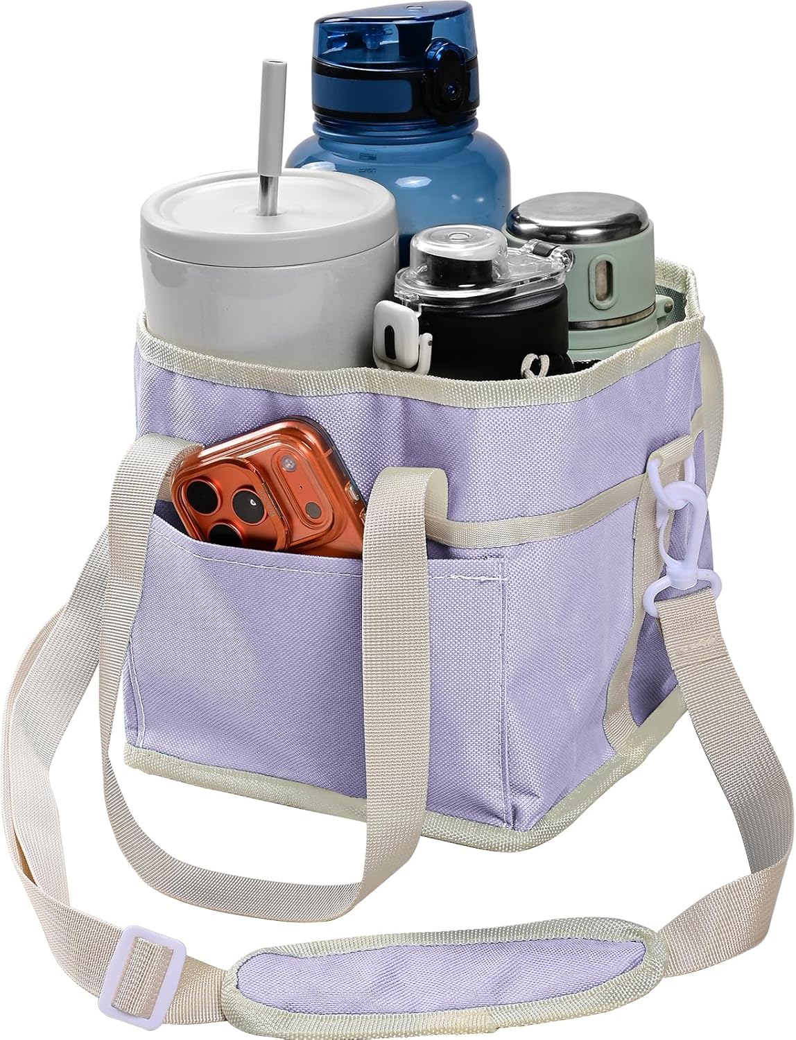 Drink Carrier Bag, 4 Compartment Drink Bag, Insulated 4 Cup Holder Bag with Handle &Strap, Family Multi Tumbler, Water Bottle Carrier Caddy, Reusable Beverage Carrier Tote for Travel,Picni