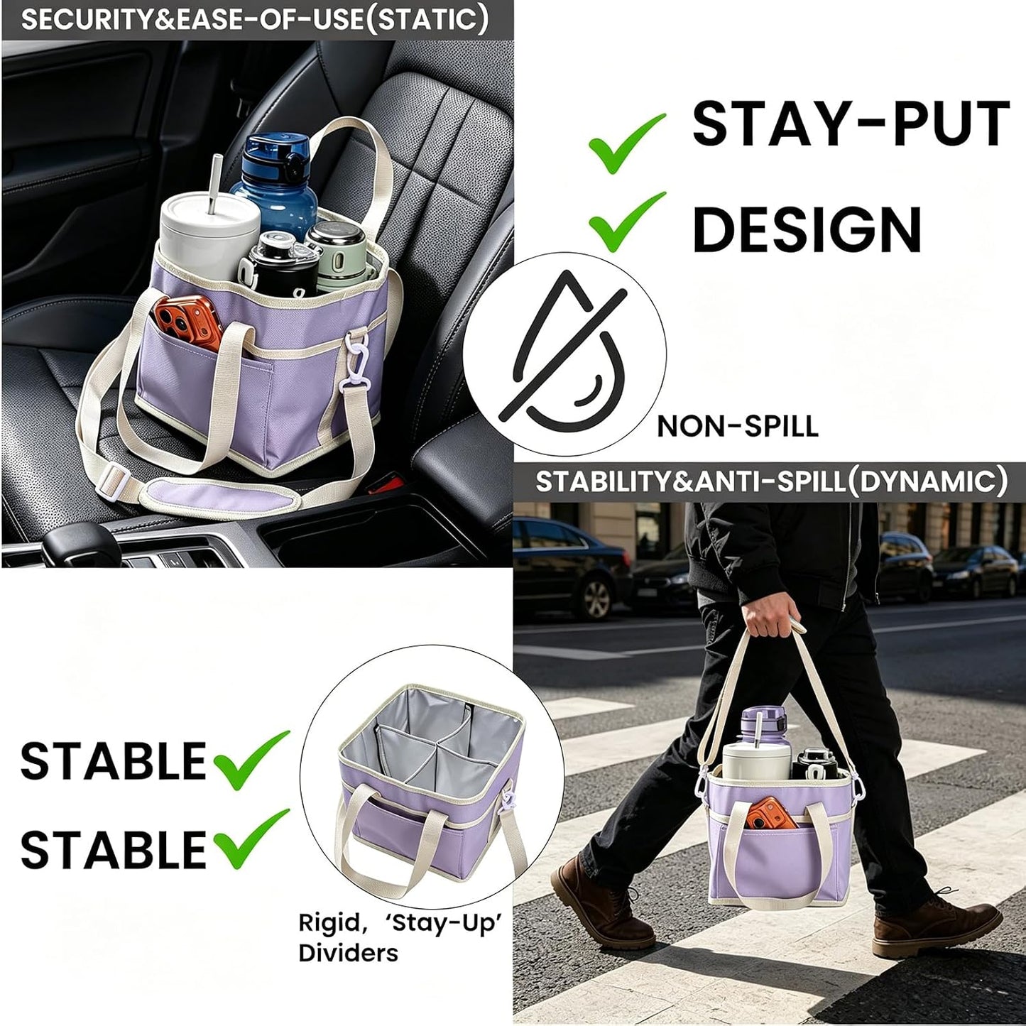 Drink Carrier Bag, 4 Compartment Drink Bag, Insulated 4 Cup Holder Bag with Handle &Strap, Family Multi Tumbler, Water Bottle Carrier Caddy, Reusable Beverage Carrier Tote for Travel,Picni