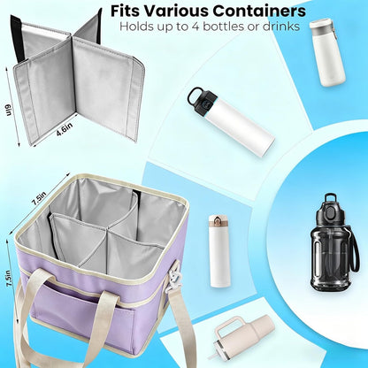 Drink Carrier Bag, 4 Compartment Drink Bag, Insulated 4 Cup Holder Bag with Handle &Strap, Family Multi Tumbler, Water Bottle Carrier Caddy, Reusable Beverage Carrier Tote for Travel,Picni