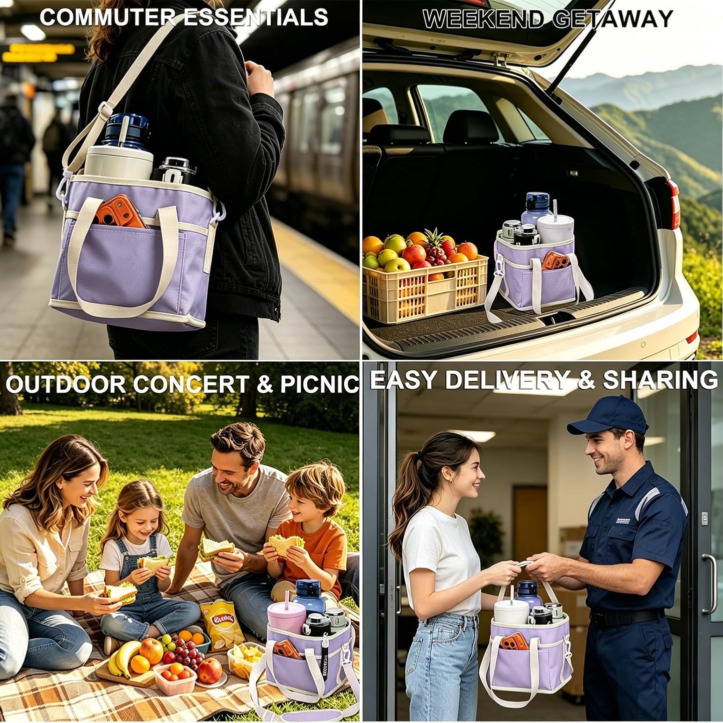 Drink Carrier Bag, 4 Compartment Drink Bag, Insulated 4 Cup Holder Bag with Handle &Strap, Family Multi Tumbler, Water Bottle Carrier Caddy, Reusable Beverage Carrier Tote for Travel,Picni