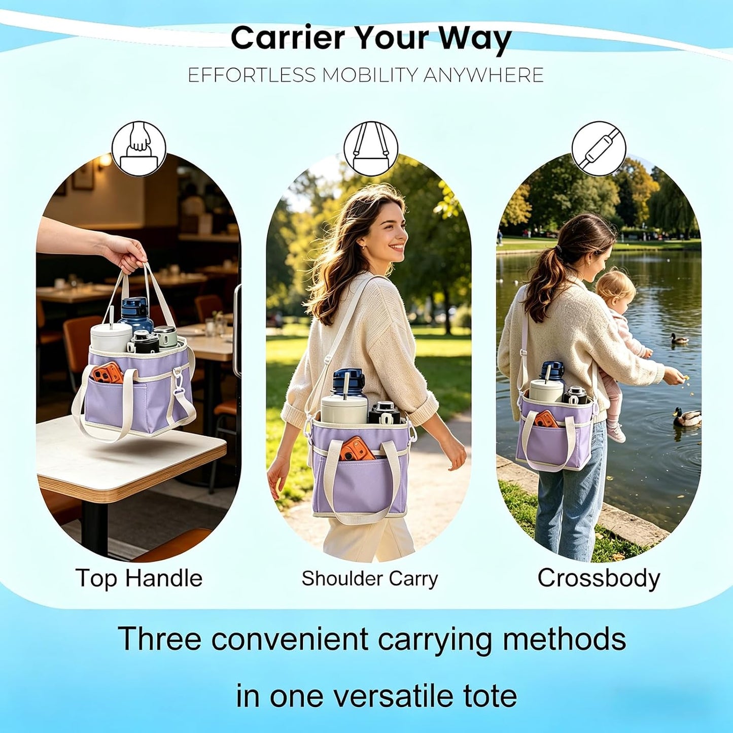 Drink Carrier Bag, 4 Compartment Drink Bag, Insulated 4 Cup Holder Bag with Handle &Strap, Family Multi Tumbler, Water Bottle Carrier Caddy, Reusable Beverage Carrier Tote for Travel,Picni