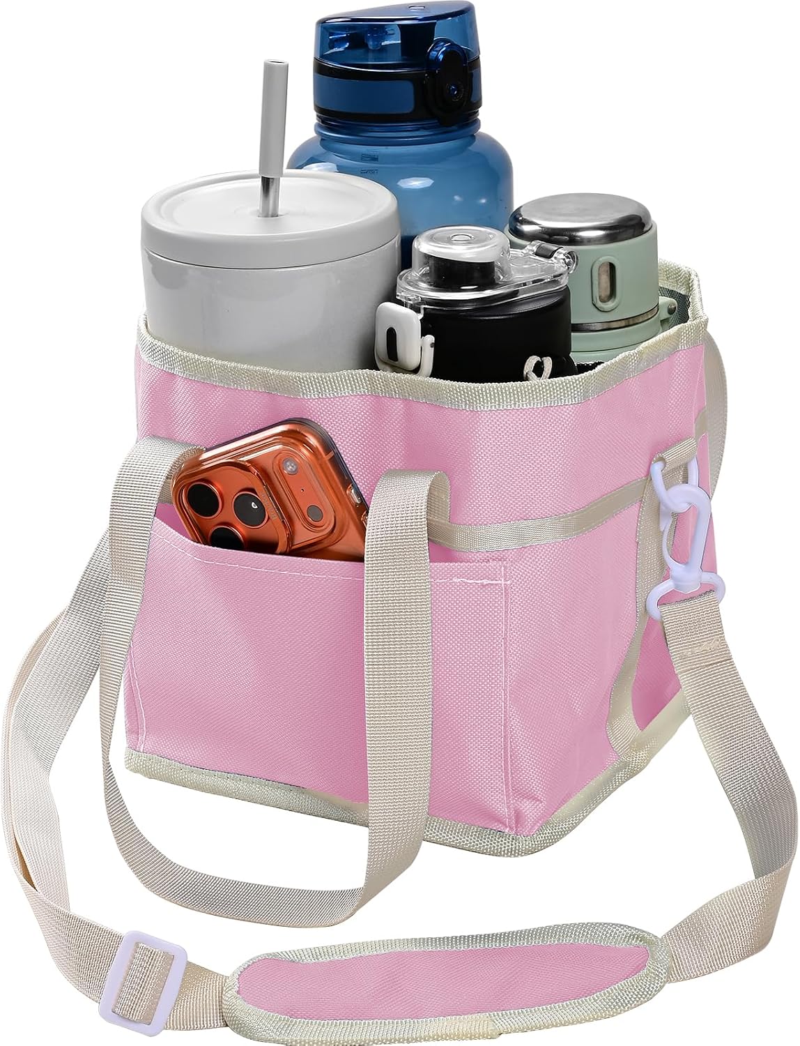 Drink Carrier Bag, 4 Compartment Drink Bag, Insulated 4 Cup Holder Bag with Handle &Strap, Family Multi Tumbler, Water Bottle Carrier Caddy, Reusable Beverage Carrier Tote for Travel,Picni