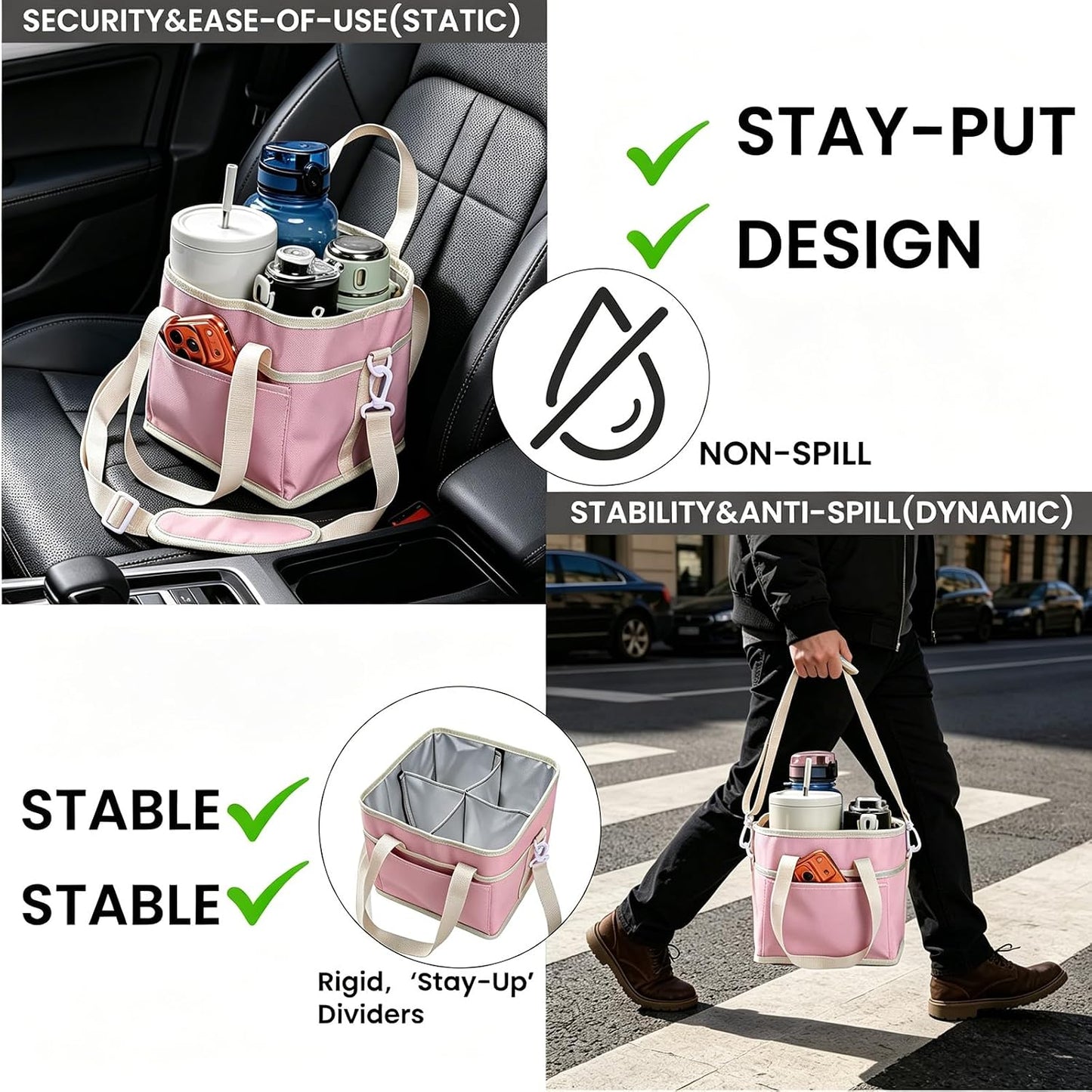 Drink Carrier Bag, 4 Compartment Drink Bag, Insulated 4 Cup Holder Bag with Handle &Strap, Family Multi Tumbler, Water Bottle Carrier Caddy, Reusable Beverage Carrier Tote for Travel,Picni