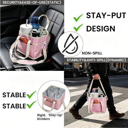 Drink Carrier Bag, 4 Compartment Drink Bag, Insulated 4 Cup Holder Bag with Handle &Strap, Family Multi Tumbler, Water Bottle Carrier Caddy, Reusable Beverage Carrier Tote for Travel,Picni