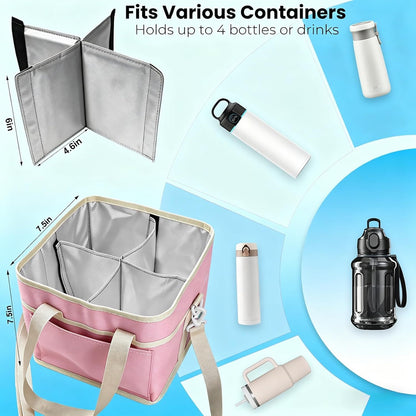 Drink Carrier Bag, 4 Compartment Drink Bag, Insulated 4 Cup Holder Bag with Handle &Strap, Family Multi Tumbler, Water Bottle Carrier Caddy, Reusable Beverage Carrier Tote for Travel,Picni