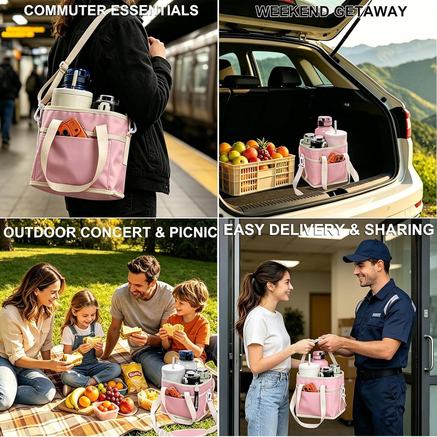 Drink Carrier Bag, 4 Compartment Drink Bag, Insulated 4 Cup Holder Bag with Handle &Strap, Family Multi Tumbler, Water Bottle Carrier Caddy, Reusable Beverage Carrier Tote for Travel,Picni