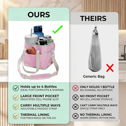 Drink Carrier Bag, 4 Compartment Drink Bag, Insulated 4 Cup Holder Bag with Handle &Strap, Family Multi Tumbler, Water Bottle Carrier Caddy, Reusable Beverage Carrier Tote for Travel,Picni