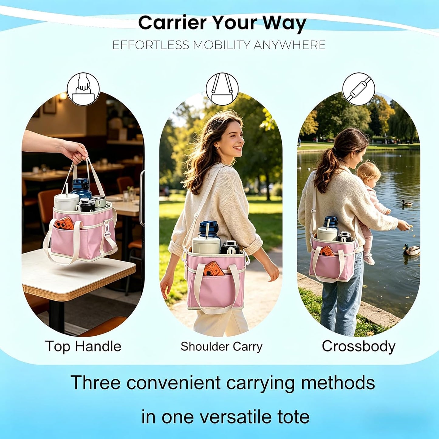 Drink Carrier Bag, 4 Compartment Drink Bag, Insulated 4 Cup Holder Bag with Handle &Strap, Family Multi Tumbler, Water Bottle Carrier Caddy, Reusable Beverage Carrier Tote for Travel,Picni