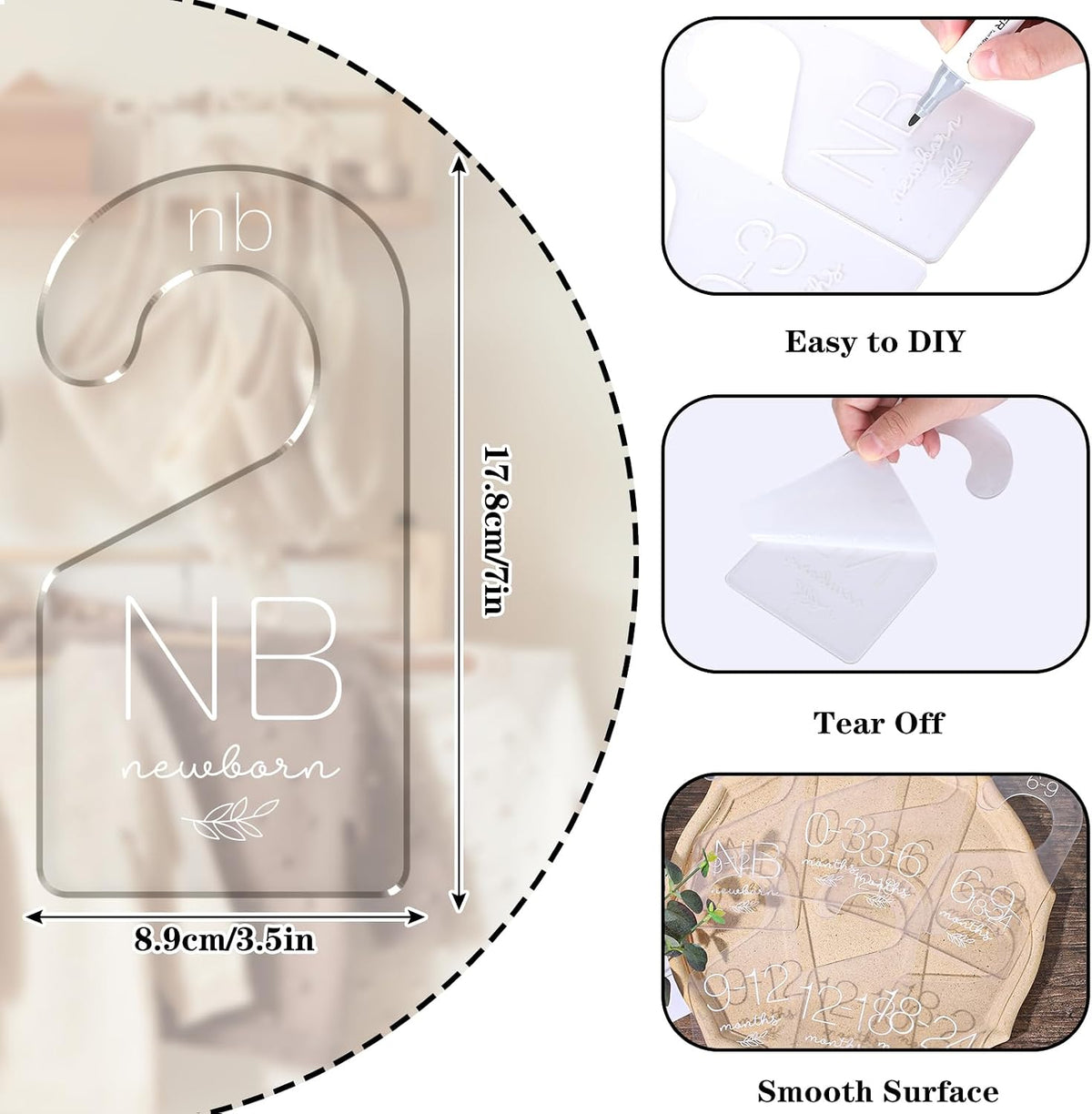7Pcs Baby Closet Size Dividers Clear Acrylic Infant Clothes Hanger Separators Newborn to 24 Month Thicken Wardrobe Hanger Organizers for Home Nursery Baby Clothing, 3.5 x 7Inch