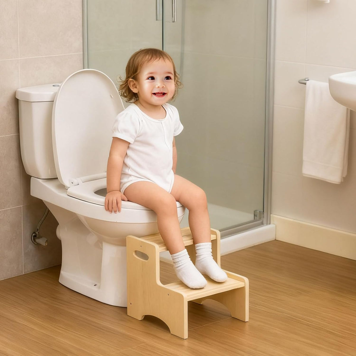Wooden Toddler Step Stool for Kids, Two Step Stool with Non-Slip Pads & Handles, Potty Training Stool for Bathroom Sink, Toilet, Kitchen, Bedroom (Natural)