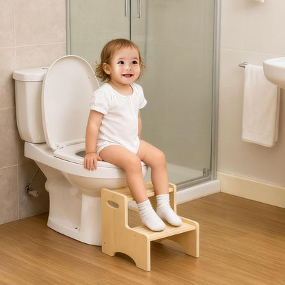 Wooden Toddler Step Stool for Kids, Two Step Stool with Non-Slip Pads & Handles, Potty Training Stool for Bathroom Sink, Toilet, Kitchen, Bedroom (Natural)
