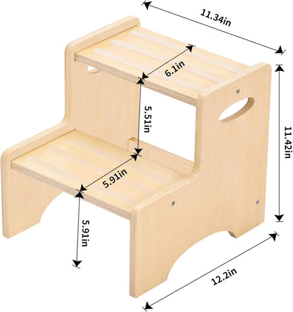 Wooden Toddler Step Stool for Kids, Two Step Stool with Non-Slip Pads & Handles, Potty Training Stool for Bathroom Sink, Toilet, Kitchen, Bedroom (Natural)
