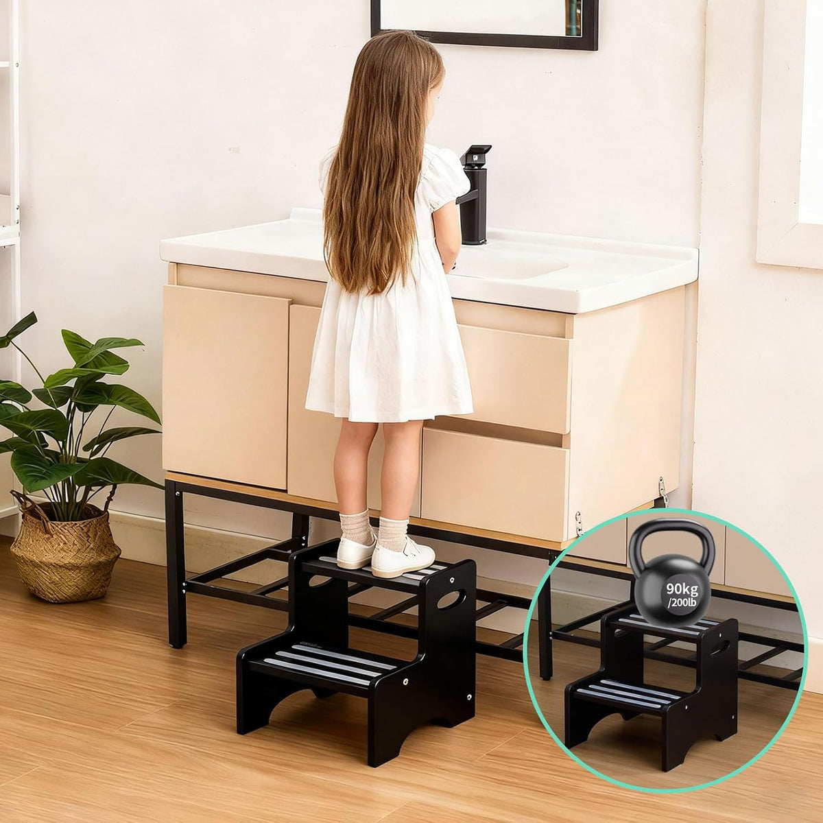 Wooden Toddler Step Stool for Kids, Two Step Stool with Non-Slip Pads & Handles, Potty Training Stool for Bathroom Sink, Toilet, Kitchen, Bedroom (Natural)