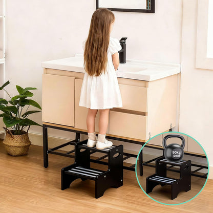 Wooden Toddler Step Stool for Kids, Two Step Stool with Non-Slip Pads & Handles, Potty Training Stool for Bathroom Sink, Toilet, Kitchen, Bedroom (Natural)