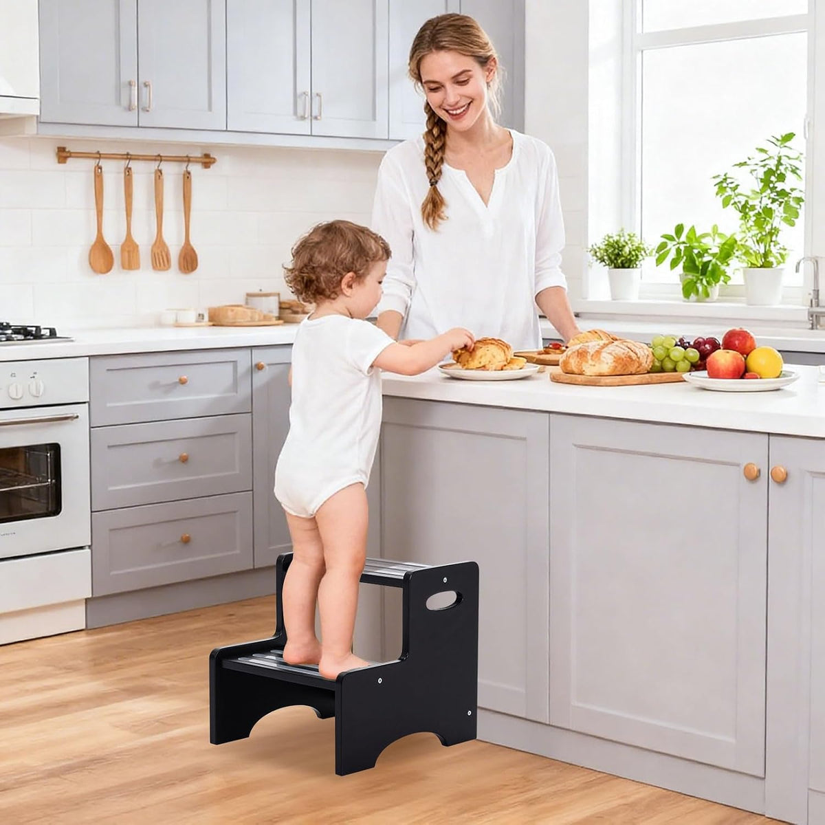 Wooden Toddler Step Stool for Kids, Two Step Stool with Non-Slip Pads & Handles, Potty Training Stool for Bathroom Sink, Toilet, Kitchen, Bedroom (Natural)