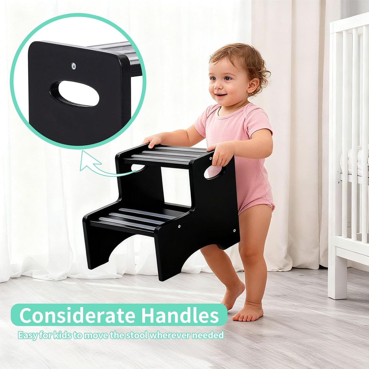 Wooden Toddler Step Stool for Kids, Two Step Stool with Non-Slip Pads & Handles, Potty Training Stool for Bathroom Sink, Toilet, Kitchen, Bedroom (Natural)