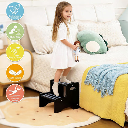 Wooden Toddler Step Stool for Kids, Two Step Stool with Non-Slip Pads & Handles, Potty Training Stool for Bathroom Sink, Toilet, Kitchen, Bedroom (Natural)