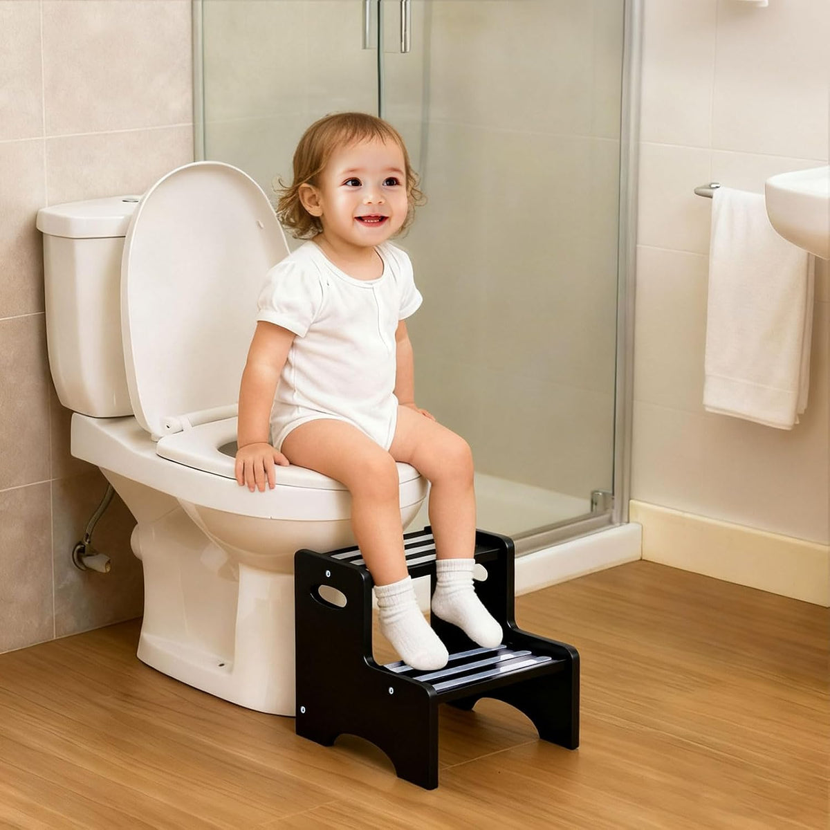 Wooden Toddler Step Stool for Kids, Two Step Stool with Non-Slip Pads & Handles, Potty Training Stool for Bathroom Sink, Toilet, Kitchen, Bedroom (Natural)