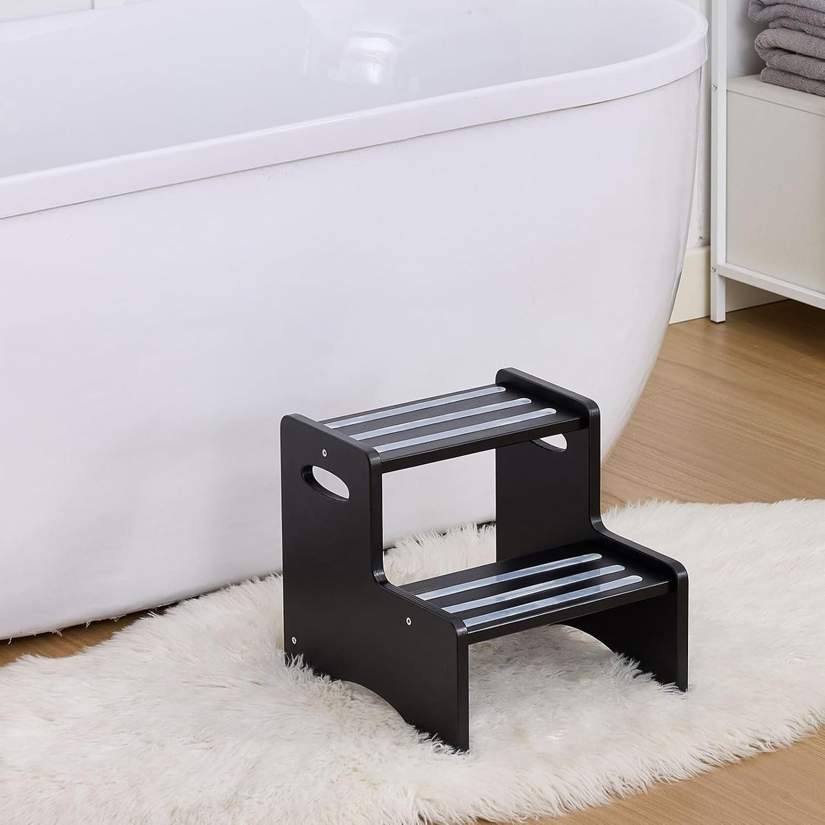 Wooden Toddler Step Stool for Kids, Two Step Stool with Non-Slip Pads & Handles, Potty Training Stool for Bathroom Sink, Toilet, Kitchen, Bedroom (Natural)
