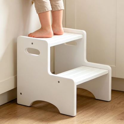 Wooden Toddler Step Stool for Kids, Two Step Stool with Non-Slip Pads & Handles, Potty Training Stool for Bathroom Sink, Toilet, Kitchen, Bedroom (Natural)