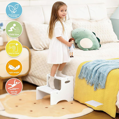 Wooden Toddler Step Stool for Kids, Two Step Stool with Non-Slip Pads & Handles, Potty Training Stool for Bathroom Sink, Toilet, Kitchen, Bedroom (Natural)