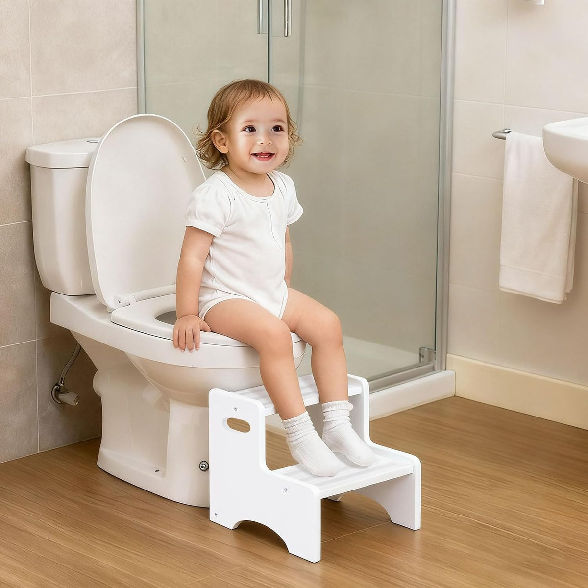 Wooden Toddler Step Stool for Kids, Two Step Stool with Non-Slip Pads & Handles, Potty Training Stool for Bathroom Sink, Toilet, Kitchen, Bedroom (Natural)