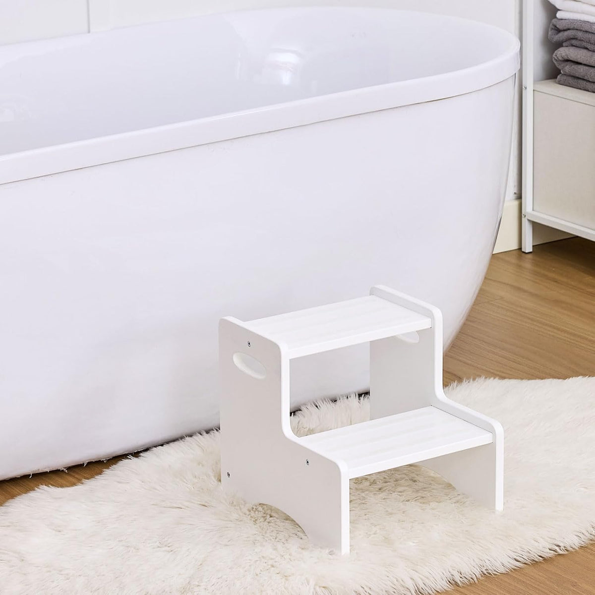 Wooden Toddler Step Stool for Kids, Two Step Stool with Non-Slip Pads & Handles, Potty Training Stool for Bathroom Sink, Toilet, Kitchen, Bedroom (Natural)