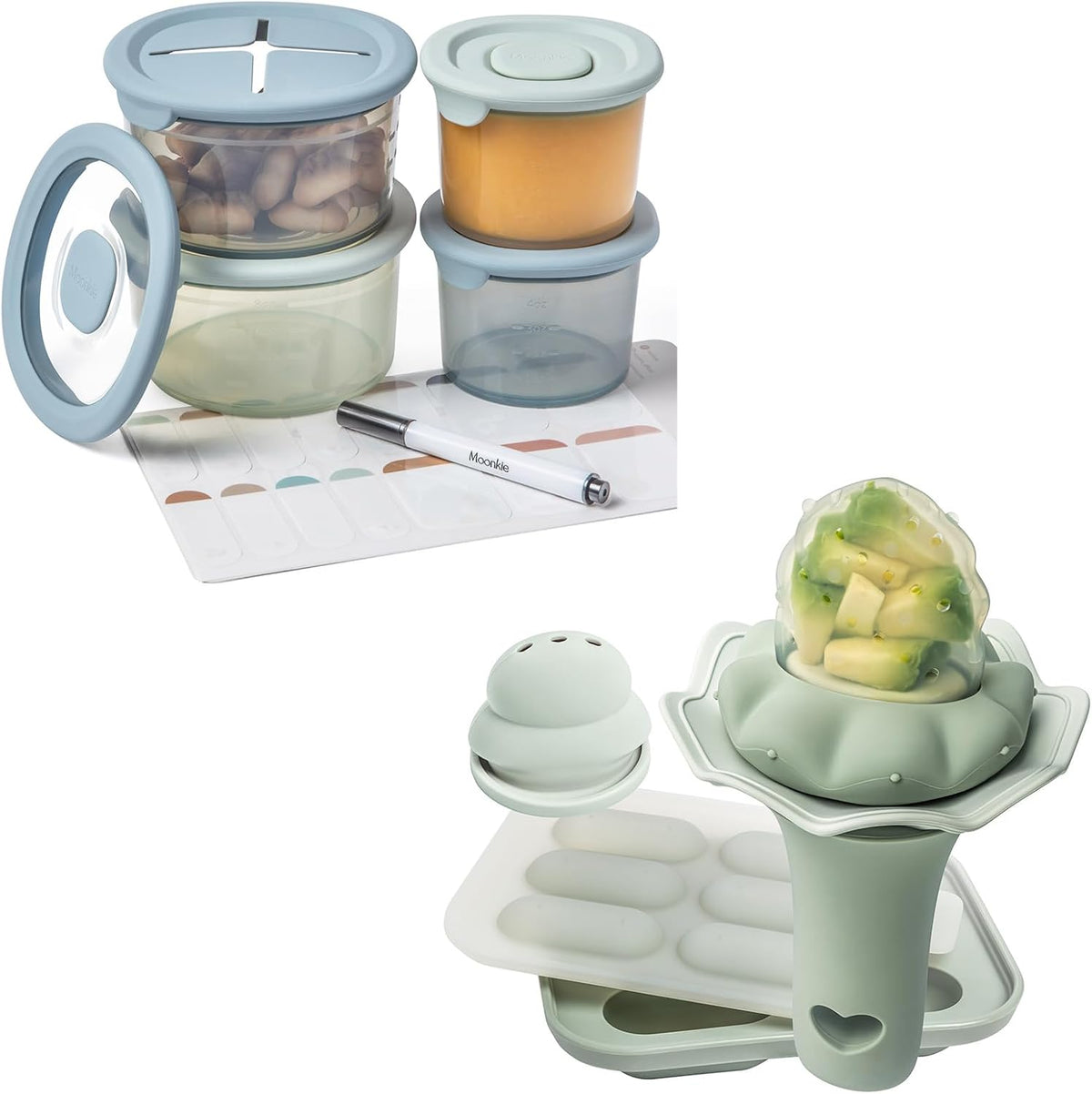 Silicone Baby Food Containers | Baby Fruit Feeder with Freezer Tray and Two Sizes Pouches