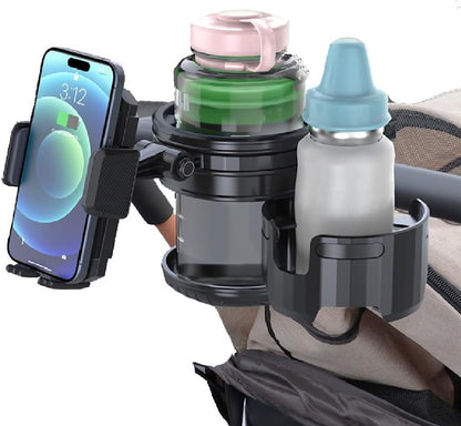 3-in-1 Stroller Cup Phone Holder Attachment, Universal Cup Holder with Adjustable Phone Mount, Double Cup Holder for Walker, Wheelchair, Fits Most Donna, Uppababy, Bugaboo, Anti-Slip & Easy Install