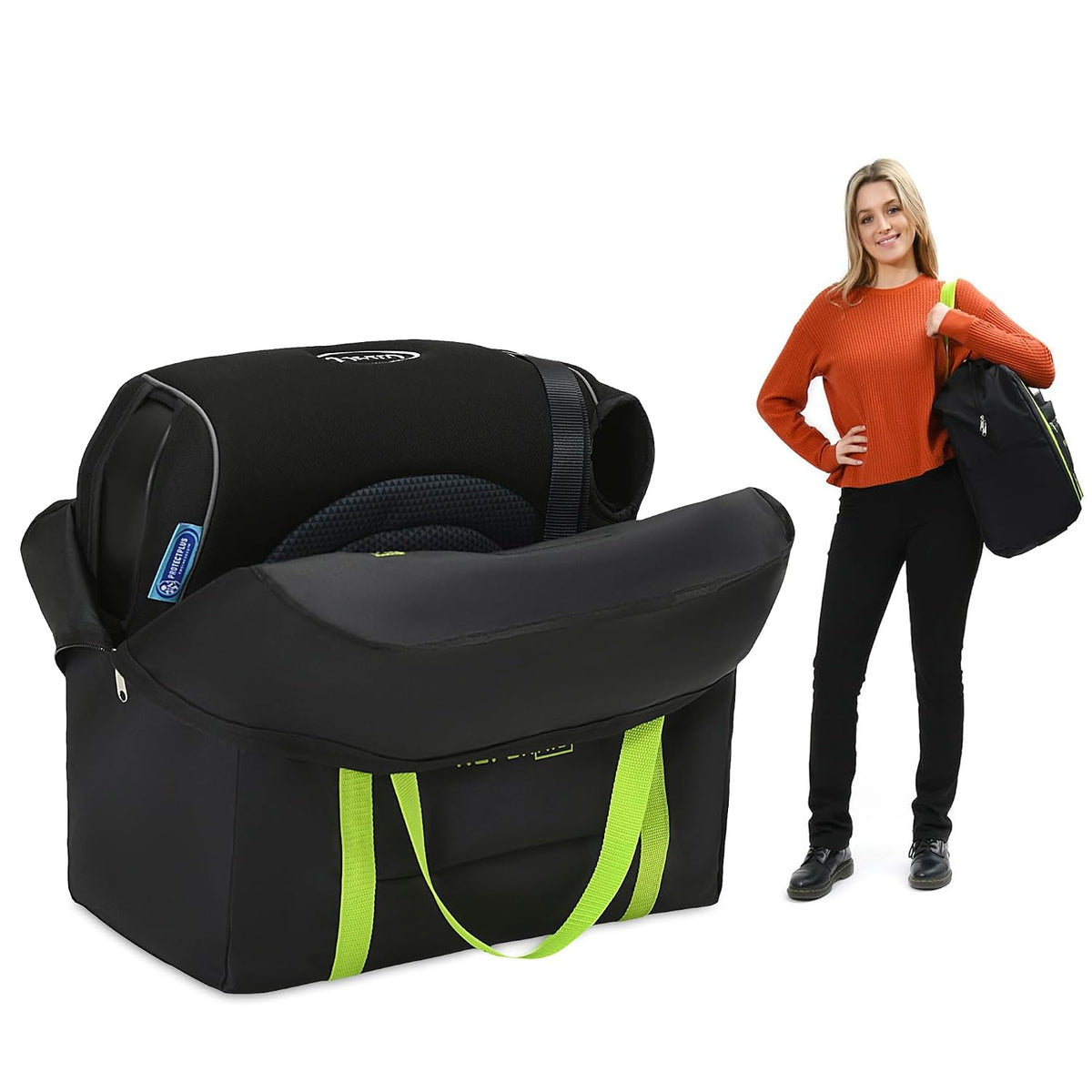 Booster Seat Travel Bag for Airplane, Blue, 17" H x 16.5" W x 9.5" D, Compatible with Gb Pockit Stroller and Most Boosters– Premium Waterproof Cover, Hand Bag Design, Durable Zipper