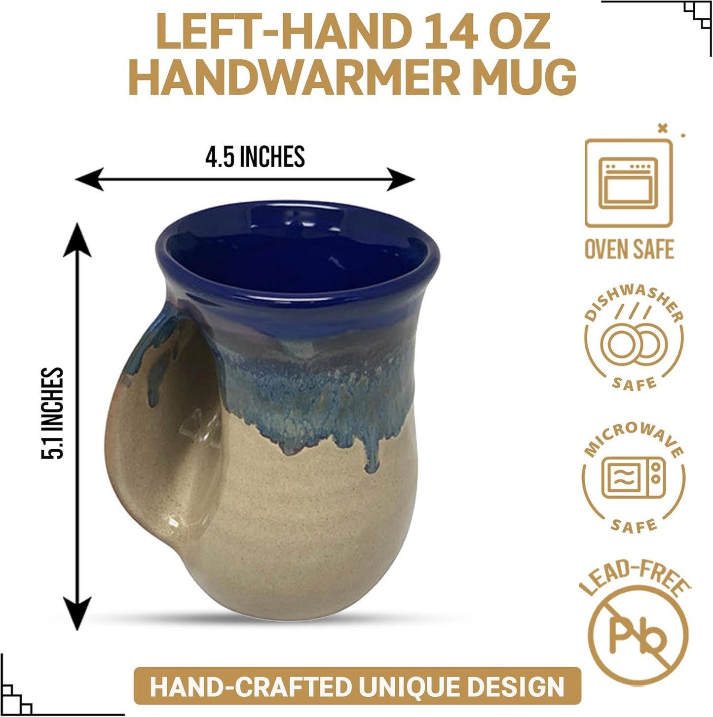 Hand Warmer Coffee Mug – Handmade Coffee Mug With Comfortable Handle Contoured Pocket Hand Warming Ceramic Coffee Mug – Proudly Made in USA – Right Handed – 14 Oz - Cobalt Canyon