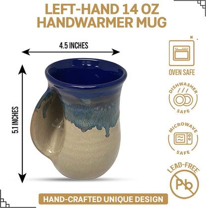 Hand Warmer Coffee Mug – Handmade Coffee Mug With Comfortable Handle Contoured Pocket Hand Warming Ceramic Coffee Mug – Proudly Made in USA – Right Handed – 14 Oz - Cobalt Canyon