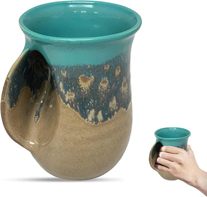 Hand Warmer Coffee Mug – Handmade Coffee Mug With Comfortable Handle Contoured Pocket Hand Warming Ceramic Coffee Mug – Proudly Made in USA – Right Handed – 14 Oz - Cobalt Canyon