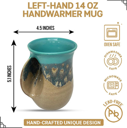 Hand Warmer Coffee Mug – Handmade Coffee Mug With Comfortable Handle Contoured Pocket Hand Warming Ceramic Coffee Mug – Proudly Made in USA – Right Handed – 14 Oz - Cobalt Canyon
