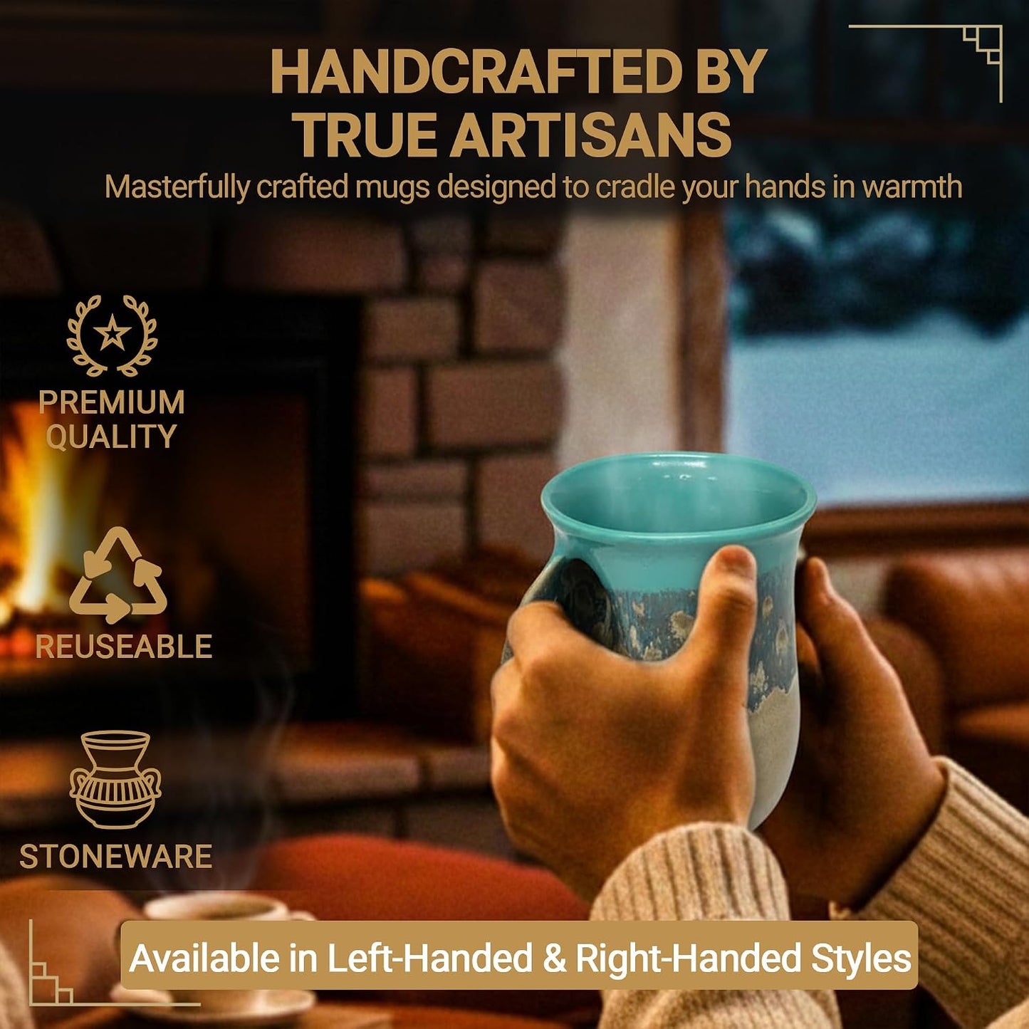 Hand Warmer Coffee Mug – Handmade Coffee Mug With Comfortable Handle Contoured Pocket Hand Warming Ceramic Coffee Mug – Proudly Made in USA – Right Handed – 14 Oz - Cobalt Canyon