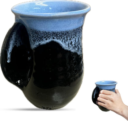 Hand Warmer Coffee Mug – Handmade Coffee Mug With Comfortable Handle Contoured Pocket Hand Warming Ceramic Coffee Mug – Proudly Made in USA – Right Handed – 14 Oz - Cobalt Canyon