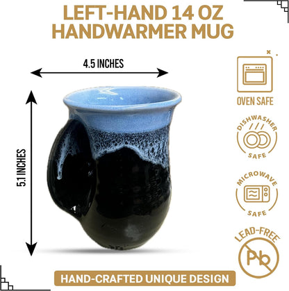 Hand Warmer Coffee Mug – Handmade Coffee Mug With Comfortable Handle Contoured Pocket Hand Warming Ceramic Coffee Mug – Proudly Made in USA – Right Handed – 14 Oz - Cobalt Canyon