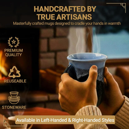 Hand Warmer Coffee Mug – Handmade Coffee Mug With Comfortable Handle Contoured Pocket Hand Warming Ceramic Coffee Mug – Proudly Made in USA – Right Handed – 14 Oz - Cobalt Canyon