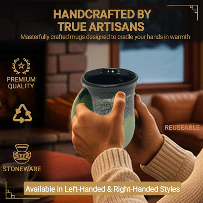 Hand Warmer Coffee Mug – Handmade Coffee Mug With Comfortable Handle Contoured Pocket Hand Warming Ceramic Coffee Mug – Proudly Made in USA – Right Handed – 14 Oz - Cobalt Canyon