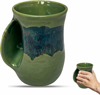 Hand Warmer Coffee Mug – Handmade Coffee Mug With Comfortable Handle Contoured Pocket Hand Warming Ceramic Coffee Mug – Proudly Made in USA – Right Handed – 14 Oz - Cobalt Canyon