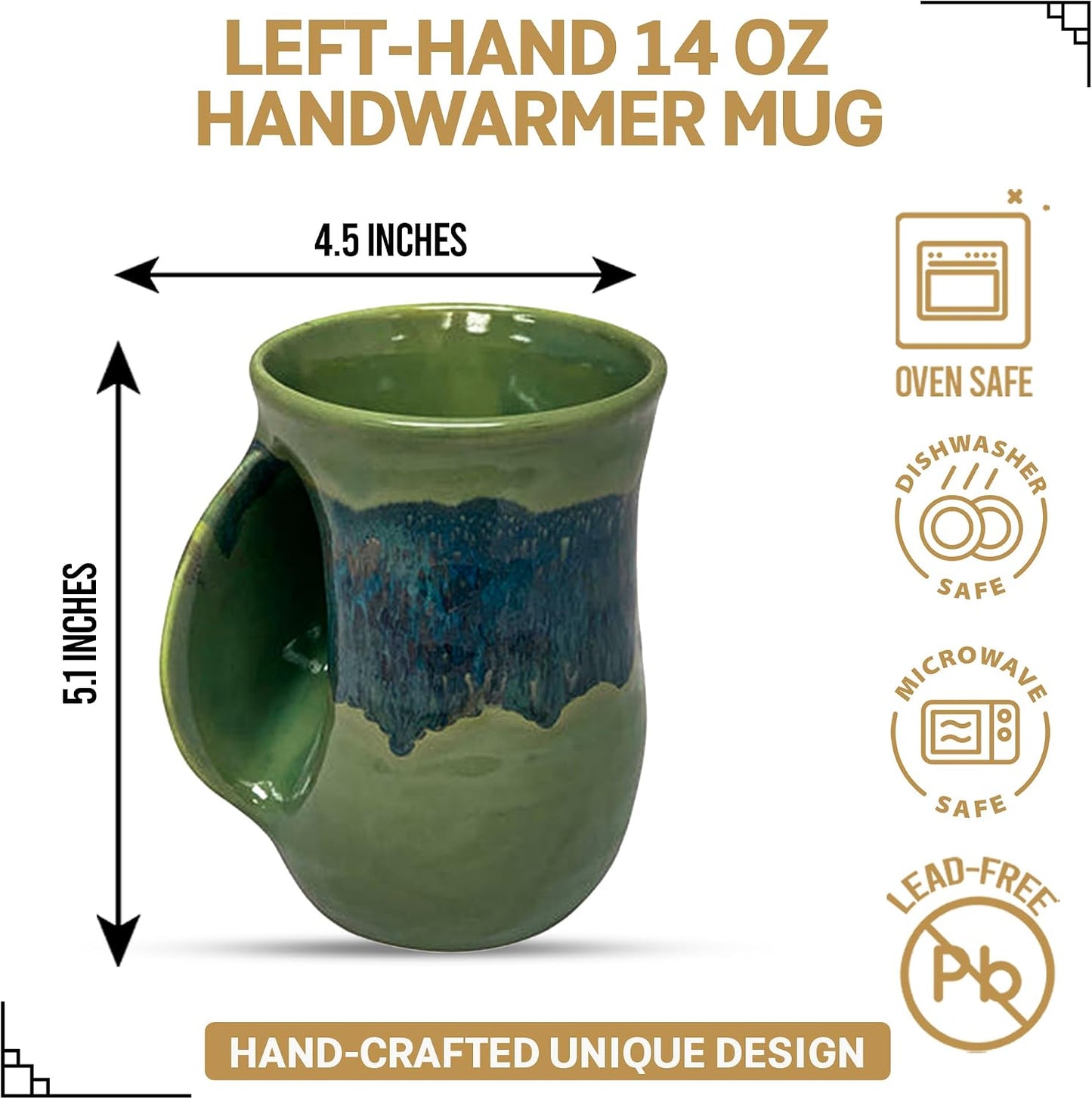 Hand Warmer Coffee Mug – Handmade Coffee Mug With Comfortable Handle Contoured Pocket Hand Warming Ceramic Coffee Mug – Proudly Made in USA – Right Handed – 14 Oz - Cobalt Canyon