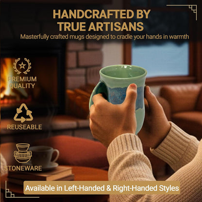 Hand Warmer Coffee Mug – Handmade Coffee Mug With Comfortable Handle Contoured Pocket Hand Warming Ceramic Coffee Mug – Proudly Made in USA – Right Handed – 14 Oz - Cobalt Canyon