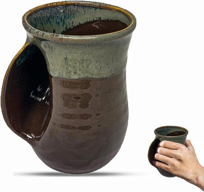 Hand Warmer Coffee Mug – Handmade Coffee Mug With Comfortable Handle Contoured Pocket Hand Warming Ceramic Coffee Mug – Proudly Made in USA – Right Handed – 14 Oz - Cobalt Canyon