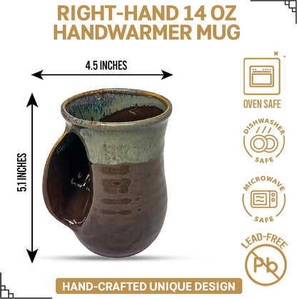 Hand Warmer Coffee Mug – Handmade Coffee Mug With Comfortable Handle Contoured Pocket Hand Warming Ceramic Coffee Mug – Proudly Made in USA – Right Handed – 14 Oz - Cobalt Canyon