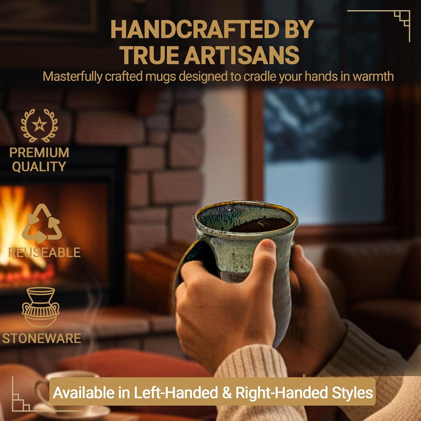 Hand Warmer Coffee Mug – Handmade Coffee Mug With Comfortable Handle Contoured Pocket Hand Warming Ceramic Coffee Mug – Proudly Made in USA – Right Handed – 14 Oz - Cobalt Canyon