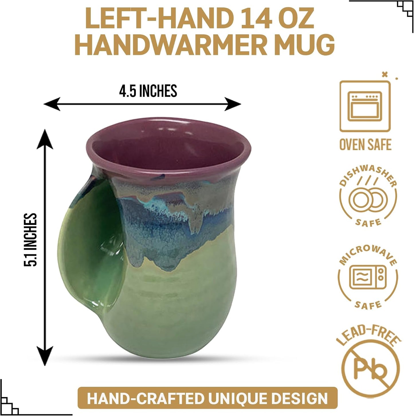 Hand Warmer Coffee Mug – Handmade Coffee Mug With Comfortable Handle Contoured Pocket Hand Warming Ceramic Coffee Mug – Proudly Made in USA – Right Handed – 14 Oz - Cobalt Canyon
