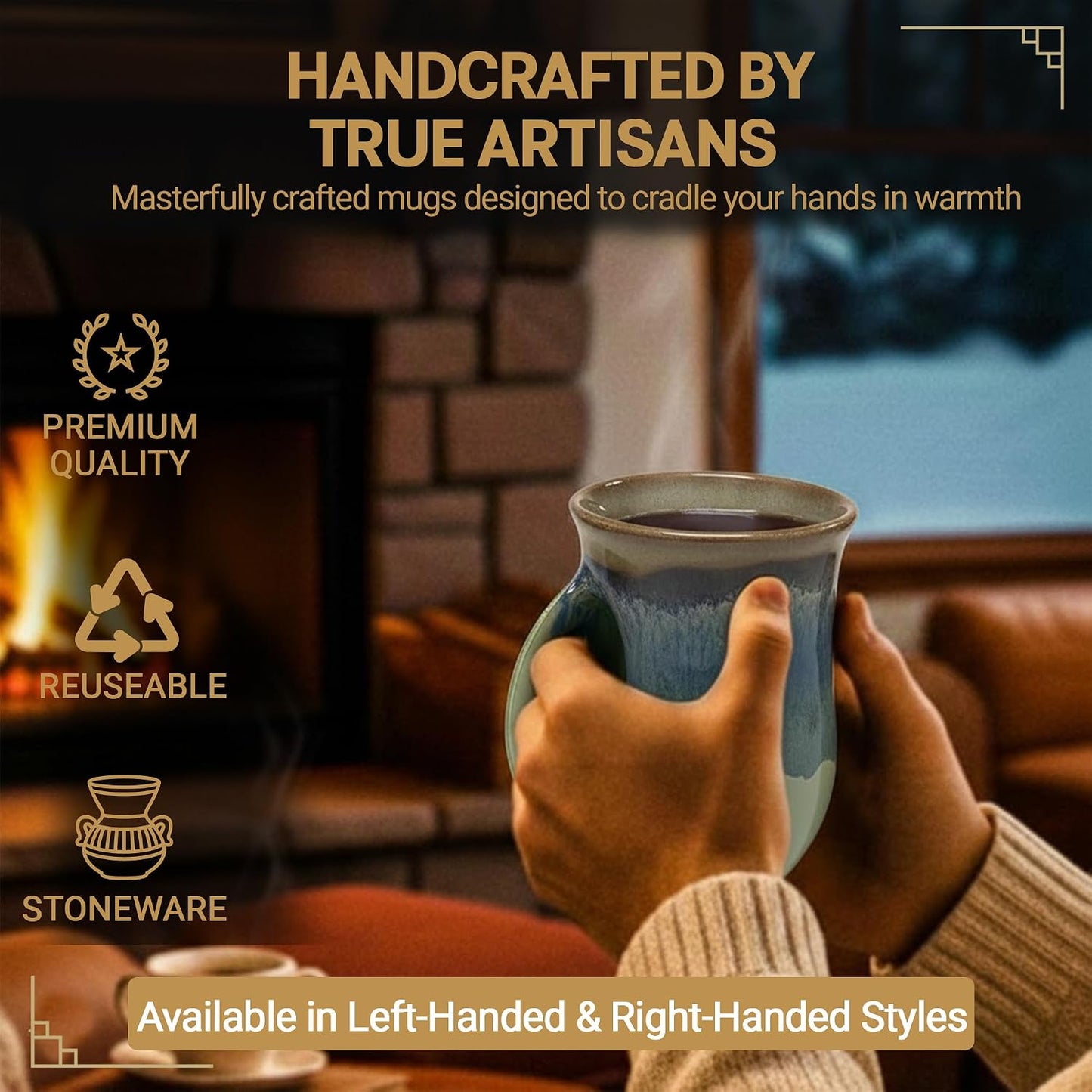 Hand Warmer Coffee Mug – Handmade Coffee Mug With Comfortable Handle Contoured Pocket Hand Warming Ceramic Coffee Mug – Proudly Made in USA – Right Handed – 14 Oz - Cobalt Canyon