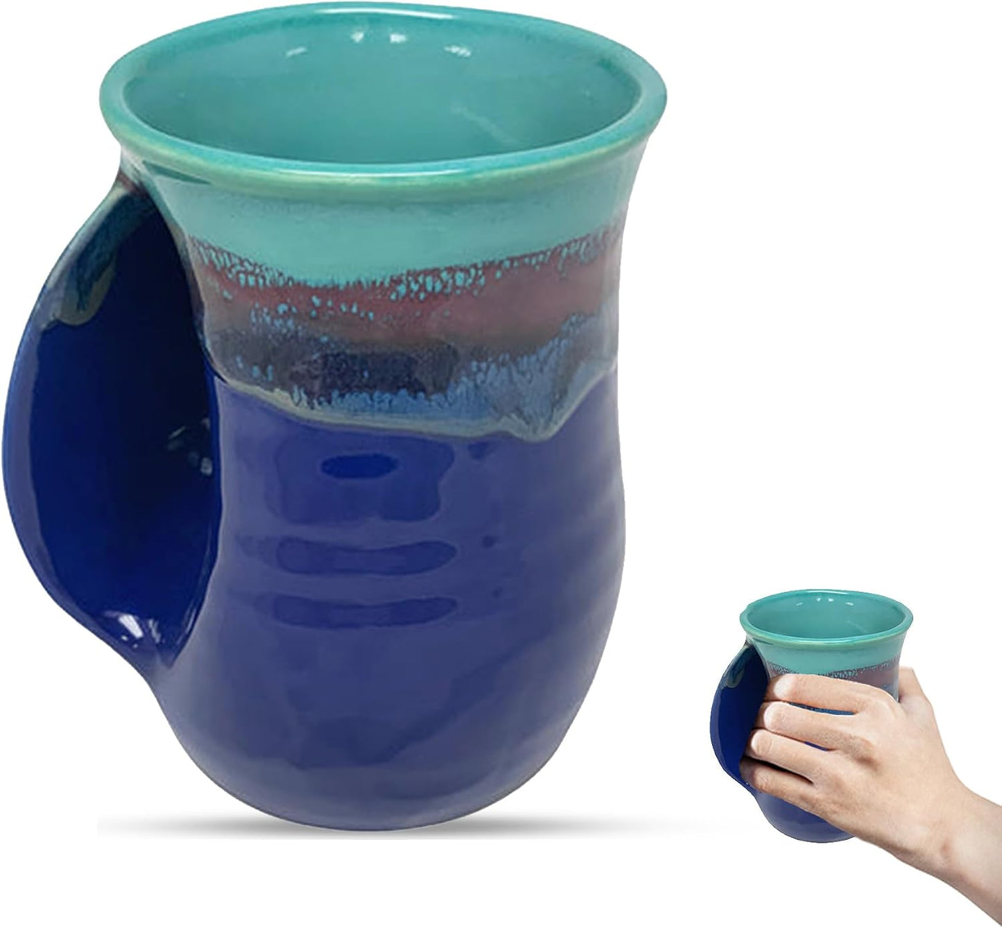 Hand Warmer Coffee Mug – Handmade Coffee Mug With Comfortable Handle Contoured Pocket Hand Warming Ceramic Coffee Mug – Proudly Made in USA – Right Handed – 14 Oz - Cobalt Canyon