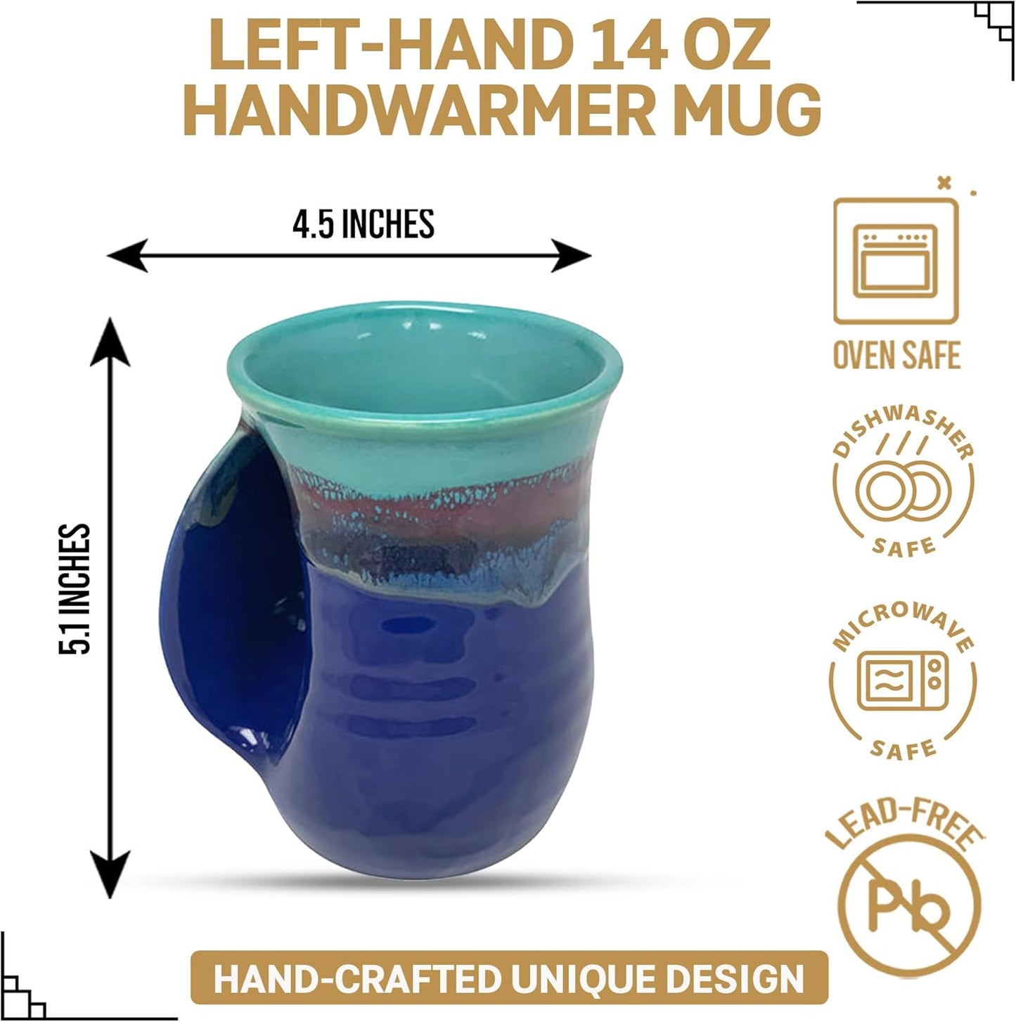Hand Warmer Coffee Mug – Handmade Coffee Mug With Comfortable Handle Contoured Pocket Hand Warming Ceramic Coffee Mug – Proudly Made in USA – Right Handed – 14 Oz - Cobalt Canyon